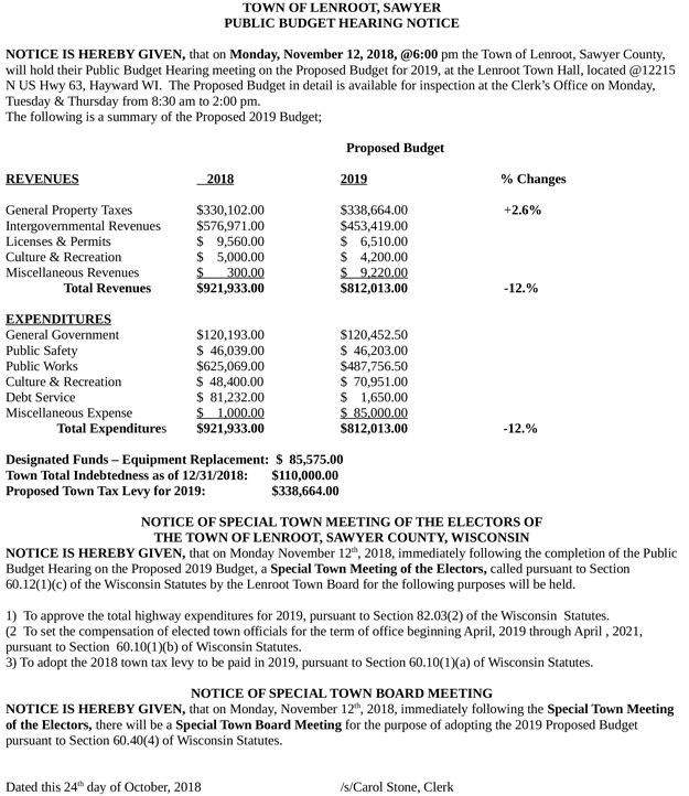 Notices Town of Lenroot